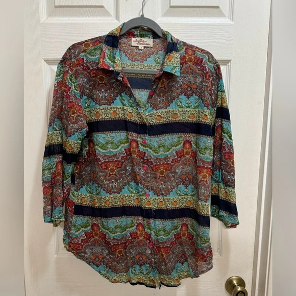 Antica Sartoria Italy Cotton Button Up Shirt Size 2 US Medium Boho Artsy - Picture 1 of 8